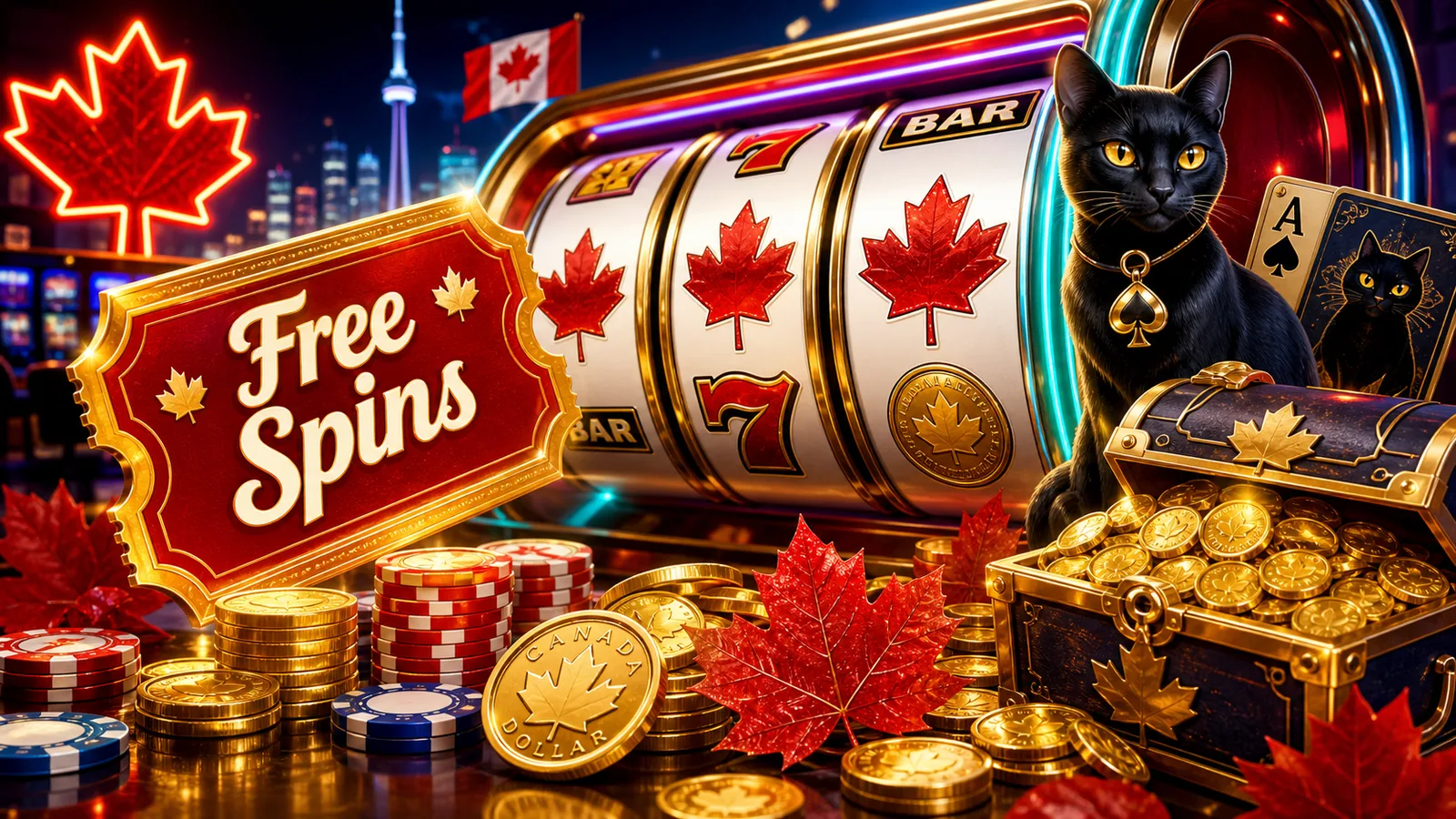 Slot reels with treasure chest and free-spins ticket