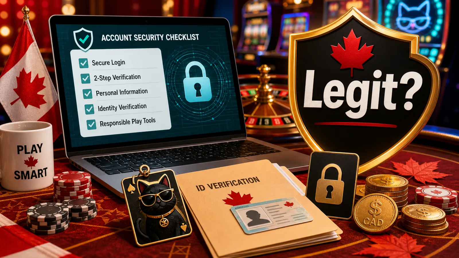 Shield/checklist with casino chips and Canada cue