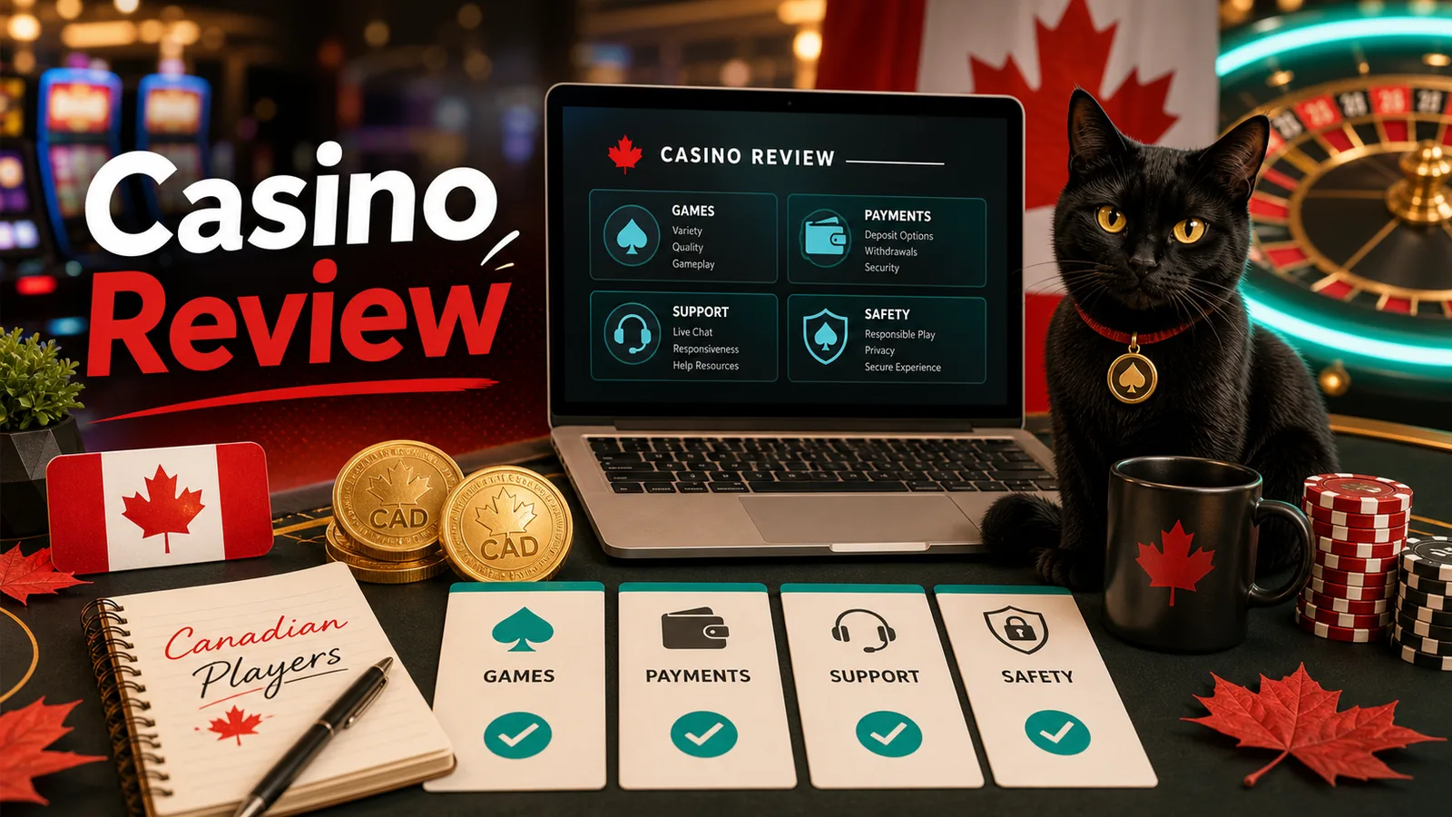 Reviewer scorecard with cat/casino motif, CAD chips